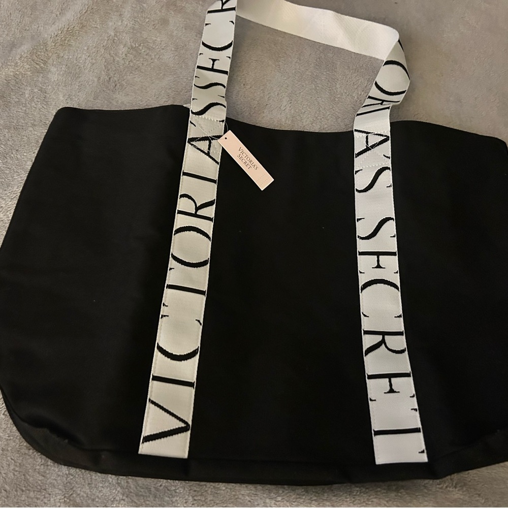 Victoria's Secret Large Black Canvas Tote Bag with Logo Straps NEW